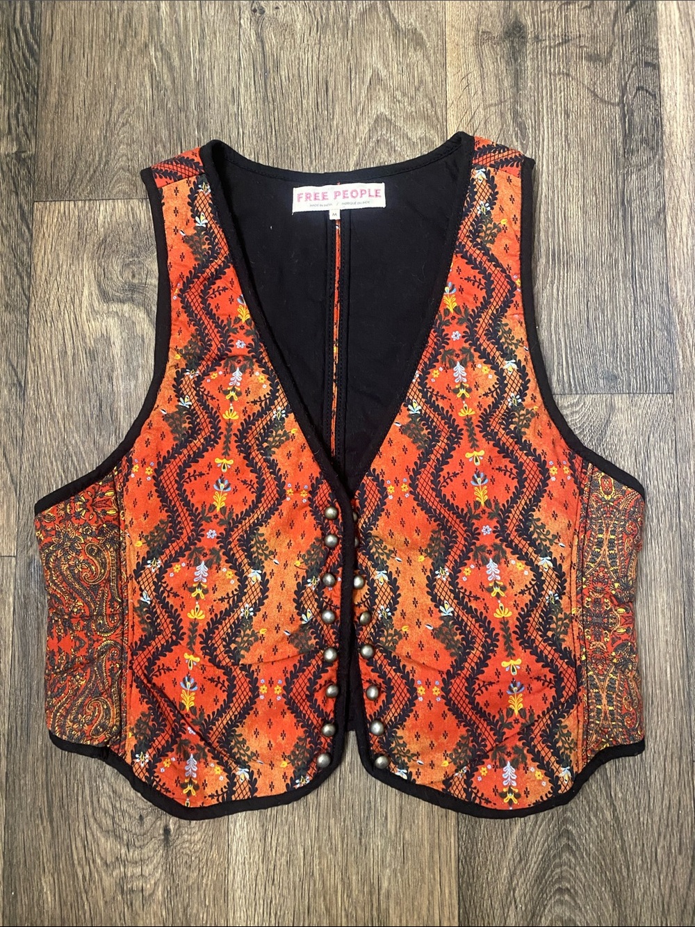 Free People Orange and Black Embroidered Boho Vest